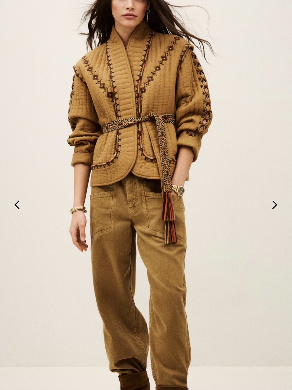 ba&sh tan quilted utility jacket with embroidered trim and tassel belt